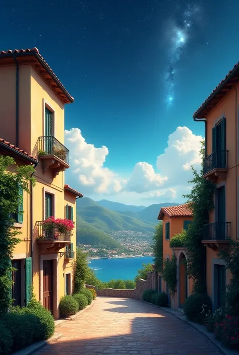 I want a long 2d background, it should contain a street with Italy houses, clouds, at the top galaxy and stuff
