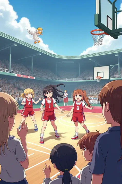 Girls at a basketball game ,  with a funny little angel looking after player number 8