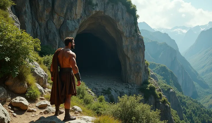 "Hercules stands at the base of a rugged mountain slope, looking up towards a hidden cave entrance nestled among jagged rocks and dense vegetation. His face shows a look of anticipation and readiness, his muscular frame clad in a leather tunic and the lion...