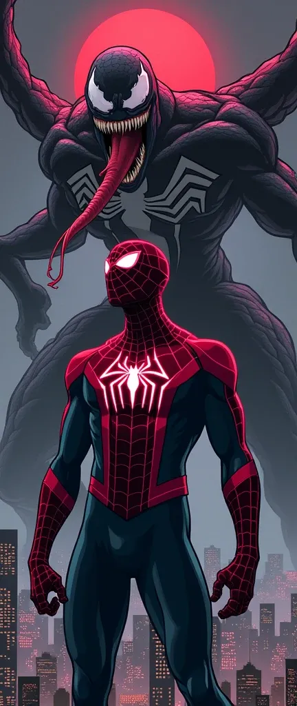 Create a The Amazing Spiderman  with  chest Logo with neon Colors  vector black and red art, in background is Creepy  angry screaming Black and white Symbiotic Venom at building with Long Red Tongue and Symbiotic Sword ,