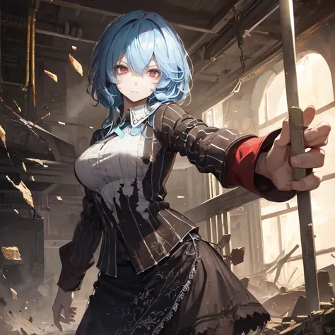 masterpiece, Best Quality,   1 girl, Alone, Light blue hair、Torn clothes、Tattered clothes、Muddy Clothes 、 Beige Long Skirt, Detailed face, Detailed eyes, Fresh Red Eyes , expressionless、big breasts、Labor、Working Girl、Breaking things、Destroy