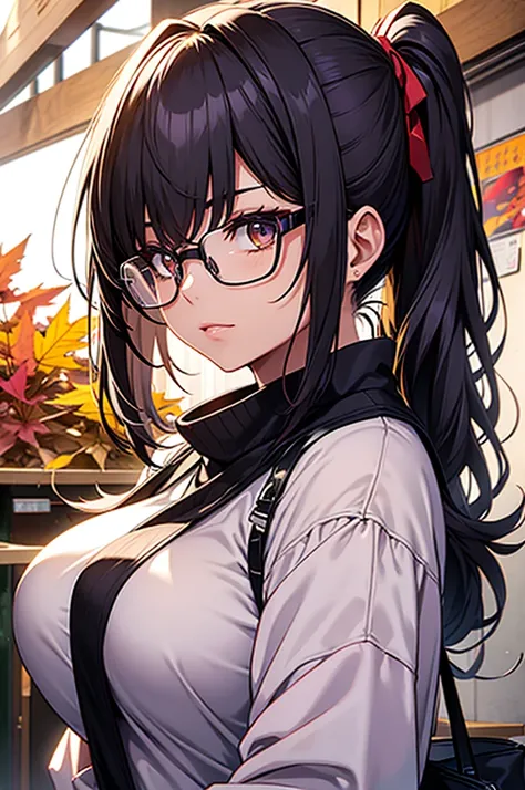 masterpiece,Big Breasts,beauty,Purple Glasses.Black Hair, side ponytails ,autumn leaves,autumn leaves狩り,