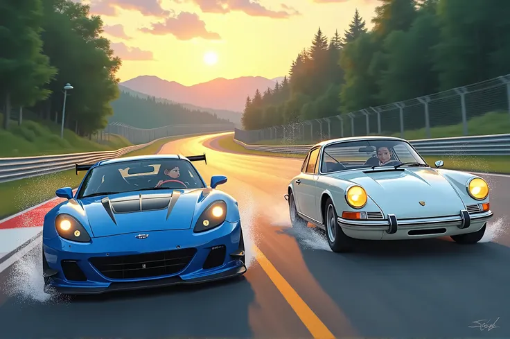 A scene where a blue Subaru car pulls out a white Porsche at the Nürburgring in the style of Hayao Miyazakis anime、evening