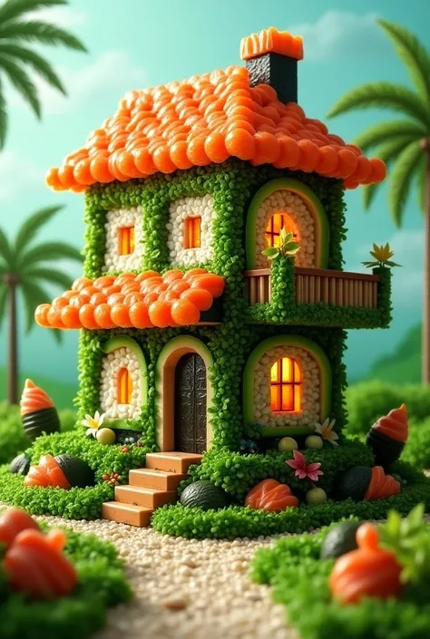 A dreamy and quirky sushi-themed house。
The whole house is々It is made up of various sushi ingredients.、Two-storey。
The walls are made of sushi rolls.、Each roll contains rice、Salmon、avocado、The seaweed is layered。
The roof is tiled with bright orange sli...