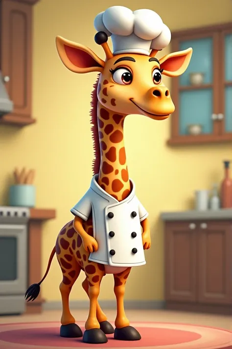 Cartoon giraffe wearing an chef outfit, full body, with hooves.