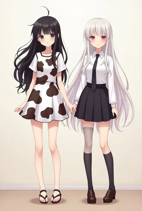 Anime woman wearing cow dress, black hair, black eyes, standing next to woman
Cute long hair white pink eyes white school shirt long black tie

