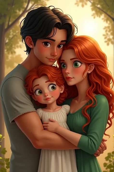 A man with brown eyes with bright black hair and a girl with thick red hair, green eyes and bright white eyes wearing a green dress embrace a five-year-old girl with red hair, green eyes and bright white eyes and wearing a white dress 