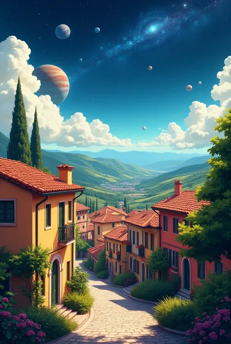 I want very long 4x1, semi realistic, a bit cartoon style 2d background, it should contain a street with Italy houses, clouds, at the top galaxy and stuff, 
