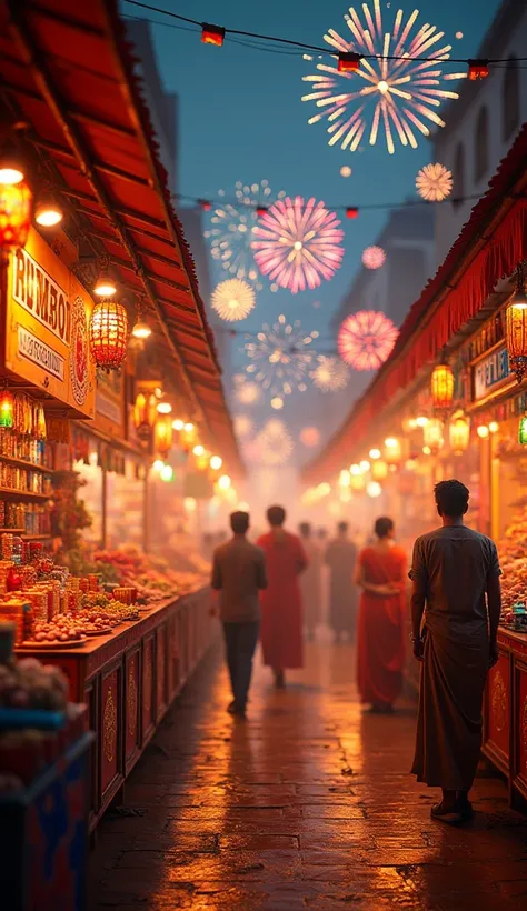 Market on diwali with crackers not piople in image shoping type
