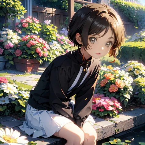  score_9,  score_8_up,  score_7_up, sauce_Anime, masterpiece, Absurd,  perfect face, Alone cute expression,  perfect face, Ponsuke P ,  1 girl, Alone, Black Hair,  dark brown eyes, Bright Eyes, Cleft lip, , cute, garden, day, flower.  