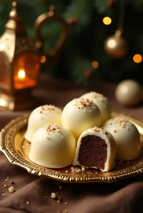 a realistic photo close up of white chocolate truffles and next to a piece truffle showing the dark chocolate and hazelnut filling, the truffles are on a luxurious golden Arabic plate on a table with a brown tablecloth over a beige tablecloth, strategicall...