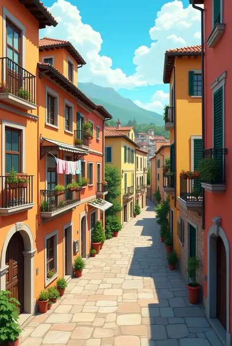 I want very very long 4x1, semi realistic, a bit cartoon style 2d background, it should contain a street with Italy houses