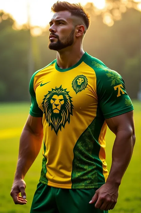 Generate a jersey with yellow and green with lion logo