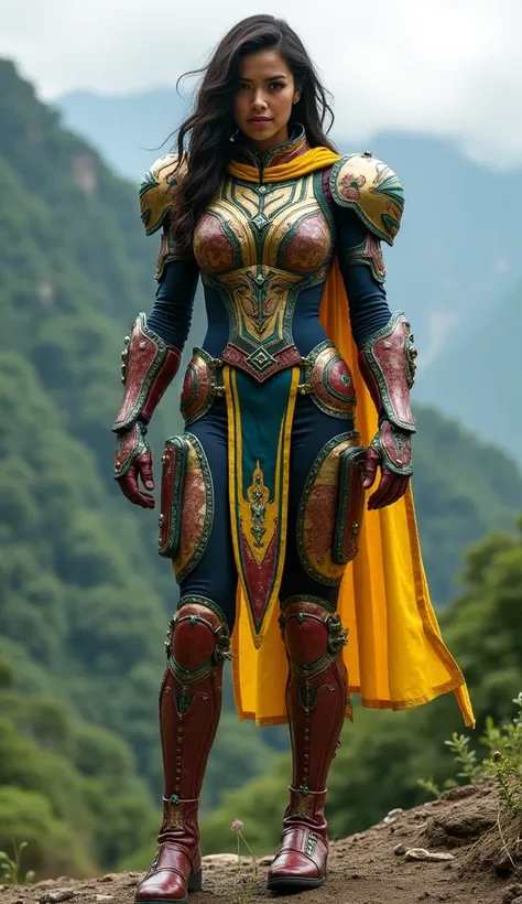 "Create a realistic female superhero inspired by DC characters, wearing a modernized, tactical armor suit that incorporates the rich culture, mythology, and symbols of Colombia. The armor design features intricate patterns inspired by pre-Colombian art and...