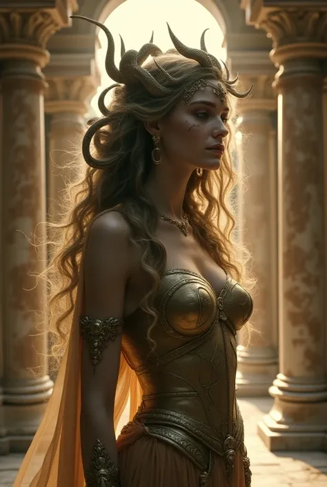 A breathtakingly beautiful Medusa, adorned in priestess attire, standing gracefully in Athena’s temple, surrounded by soft golden light