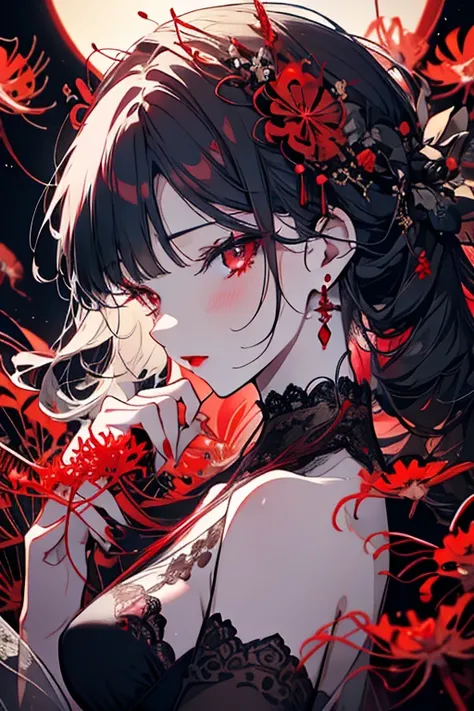 Beautiful woman with bright red lips、Long eyelashes、、lace fabric accessories、Earrings、Red spider lilyの咲く夜に、Red spider lily、painful、Black butterfly