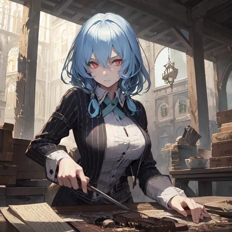 masterpiece, Best Quality,   1 girl, Alone, Light blue hair、Torn clothes、Tattered clothes、Muddy Clothes 、brown work clothes, Detailed face, Detailed eyes, Fresh Red Eyes , expressionless、big breasts、Labor、Working Girl、 fantasy world、 medieval Europe