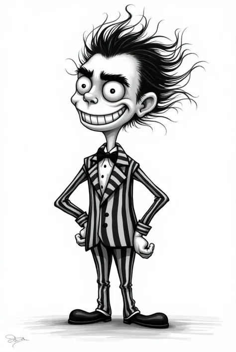 Créer moi une illustration beetlejuice en noir et blanc en version cartoon