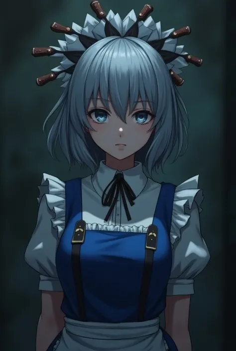 ((16 nights divorce)), ((Touhou Project)), cosplay, 20-year-old woman, (((Gray hair)), ((medium spiky hair)), ((blue maid outfit)), ((white blouse)), middle of the chest, (light)))), (pose))), (photorealistic photo: 1.3), rim lighting, ( high-detail leathe...