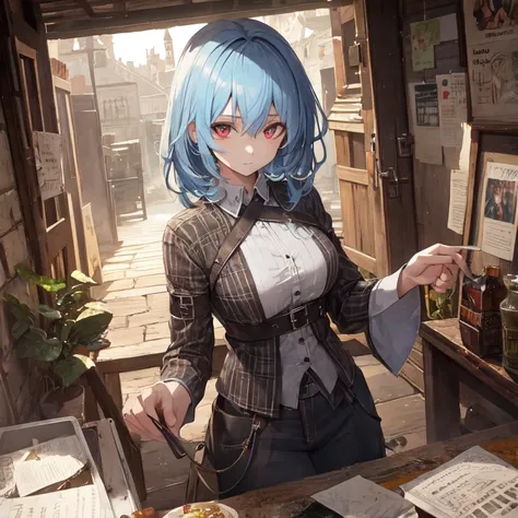 masterpiece, Best Quality,   1 girl, Alone, Light blue hair、Torn clothes、Tattered clothes、Muddy Clothes 、brown work clothes, Detailed face, Detailed eyes, Fresh Red Eyes , expressionless、big breasts、Labor、Working Girl、 fantasy world、 medieval Europe