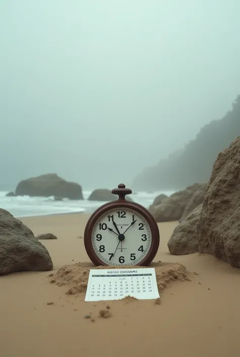 Analog clock with calendar on the beach sand with surrounding rocks and thick fog