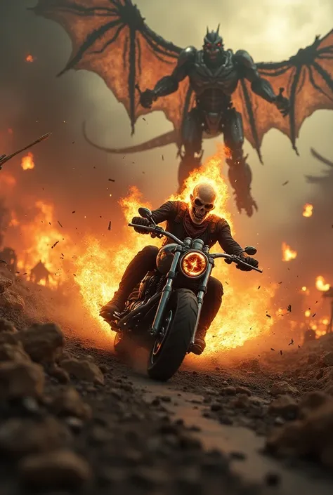 Ghost rider drives through the Ghostbusters in Hell, full of ghosts, monsters in Mycraft hunting, Transformers chasing after, Meteorites. 
And then the transformer explodes, theres rain of arrows, theres a flying bone dragon chasing a ghost rider driving i...