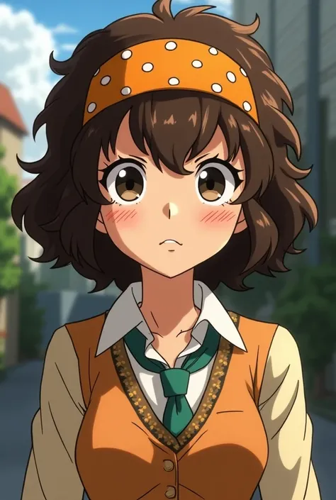  Screenshot of My Hero Academia
a girl with short curly hair who has an orange headband with white dots,  with brown skin and freckles , uniform from the anime  
