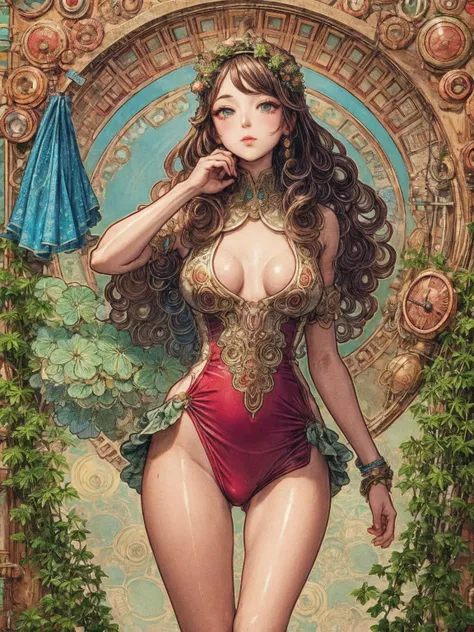 1 girl, solo, (by mucha:1.3), Detailed Background, Art Deco, Beautiful landscape painting, industrial Art, flat Art, (ivy), (masterpiece, Best Quality), Vibrant colors, colorful, Amazing details, Anatomically correct, (perfect anatomy:1.2), Line art, Depth...