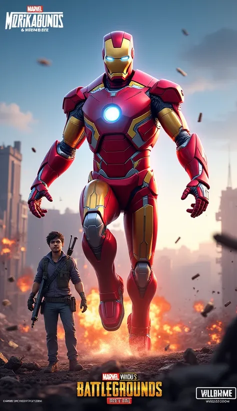 Poster Title: "Iron Man × BGMI!"

Visual Elements:

Background:

A dynamic battleground from BGMI, showcasing a mix of urban ruins and a vibrant landscape, with a hint of a futuristic city skyline in the distance.
Foreground:

Iron Man in his iconic suit, ...