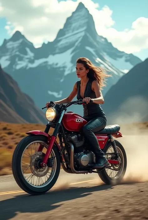 A Honda XR 250 motorcycle driven by a very sexy girl wearing tight black leather pants, with a mountain background