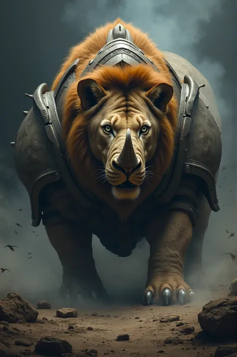 create a hybrid version where features of the [lion] and [rhino] are combined into a single, seamless entity with a monstrous dangerous appearance and background intense their expression.give me prompt only.