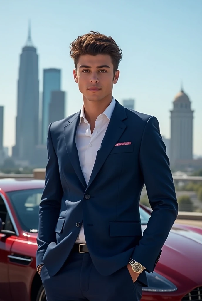 Rich young man with beautifully styled short curly hair in front of the skyline of Los Angeles in a blue and black suit with an expensive car and a rolex on his arm 