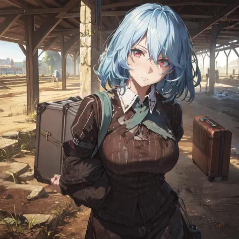 masterpiece, Best Quality,   1 girl, Alone, Light blue hair、Torn clothes、Tattered clothes、Muddy Clothes 、brown work clothes, Detailed face, Detailed eyes, Fresh Red Eyes , expressionless、big breasts、Carrying luggage、Labor、Working Girl、 fantasy world、 medie...