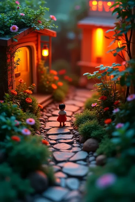 Warm neon beauty。 scene of everyday life packed inside a diorama 。 perspective looking down at the miniature garden from above 。