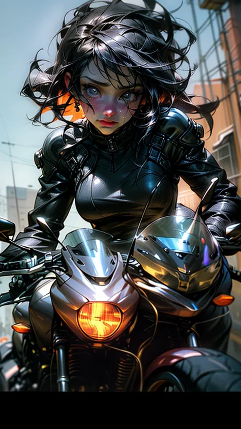 A girl riding a motorcycle, car accident, girl on the ground crying, detailed facial features, oil painting, cinematic lighting, dramatic colors, muted tones, depth of field, photorealistic, ultra-detailed, masterpiece, best quality, 8k, highres, cinematic...