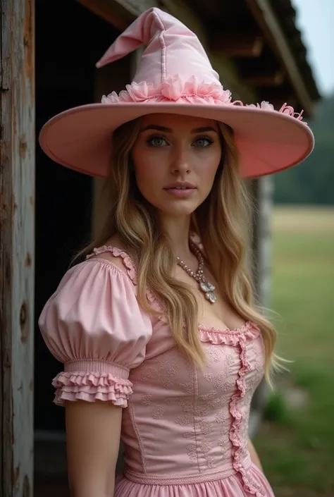 Close-up of a woman dressed as a witch with her dress and her pink hat, Shes standing outside a cabin 