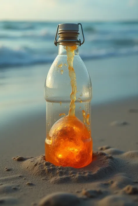 The earth starting melting inside a waterbottle which is stucked in sand on a beach, realistic, photo, photograph, hypet realis,sony, sony 50mm 1.4, --ar 16:9
