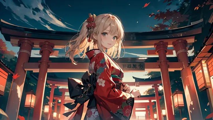 thousand torii gates,autumn,evening,nostalgic、 she is wearing a gorgeous, colorful kimono