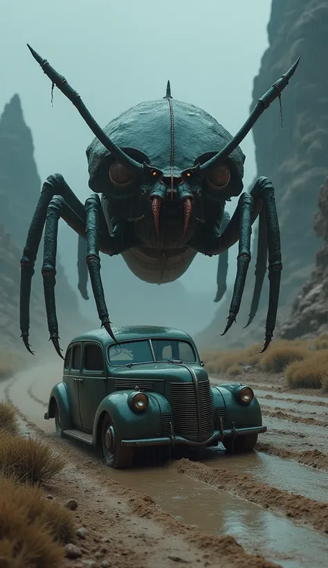 Creepy monster bug in desert land jumping on car, Muddy tar road, A rusty old cars is partially submerged in mud, raining heavily, Huge black rocks around,