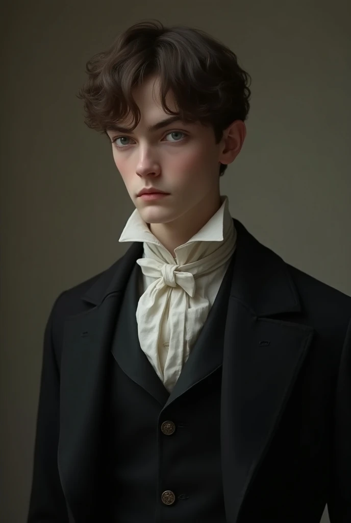 A young man with an elongated face , brown hair and long gray eyes,  with a serious look and pale skin ,  wears dark and white 19th century clothes