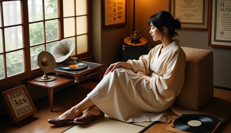 A modern girl from the Taisho era, a Japanese woman wears a mix of Japanese and Western kimono inspired by the kimono style and adorned with vintage accessories. Her softly wavy hair is tied in a loose knot, blending Western and traditional Japanese fashio...