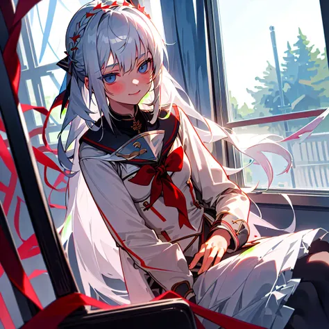 1 girl, (((Arya))), ( Alisa Mikhailovna Kujo), 8k, Best Quality, (Silver Hair),( Thin Red Ribbons ),  School Uniform, classroom, A kind smile,   sit on a chair , Looking out the window, Twilight Light