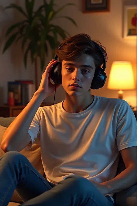 A 33-year-old boy in his bedroom with his headphones 