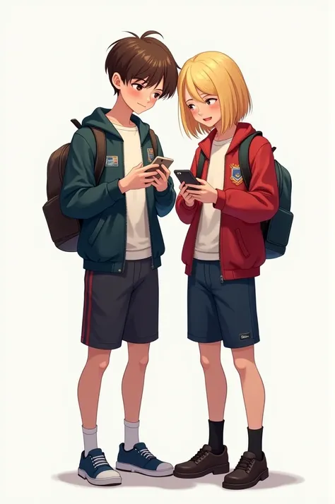 Give me an image of 2 boys ,  a brown one and a blonde girl ,  English students by their cell phone number