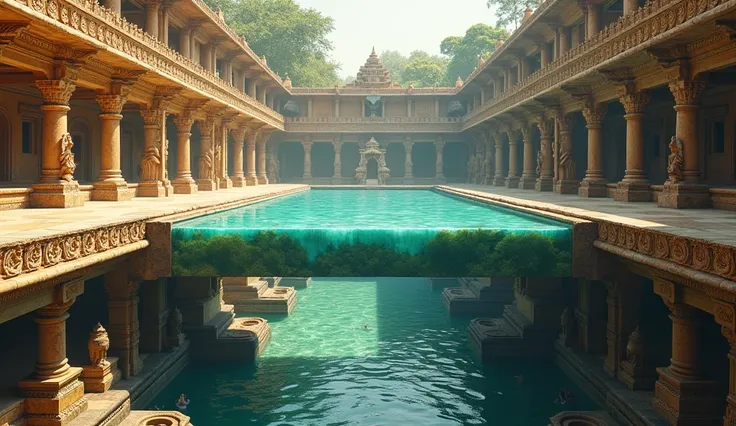 Picture an awe-inspiring architectural marvel of ancient South India: a massive rectangular swimming pool suspended high on a terrace, seamlessly integrated with a grand public bathhouse below. The pool is a testament to the grandeur of temple architecture...