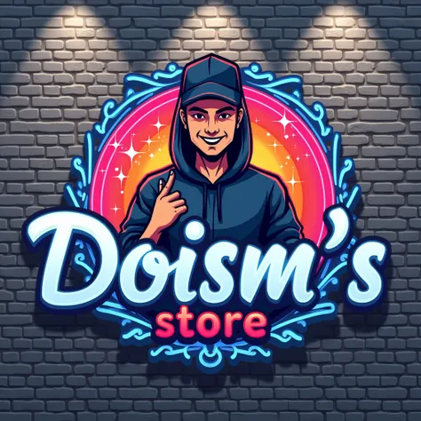  Create an illustration for the brand  "Doisms  Store",  that must be in a colorful graphic style . the name "Doisms "  it is highlighted with modern and elegant letters ,  use a palette of bright and sparkling colors with a fine outline effect ,  while th...