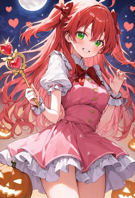 ((masterpiece、Best Quality))Sakura Miko、 Hololive、woman、cute、young、Idol、Bright Red Hair、Long Hairstyles、 bright green eyes、Red ribbon、smile、Red cheeks、smile、Red cheeks、Teary-eyed、White breath、 a lot of hearts are falling、Halloween、Magical Girl、Holding a he...