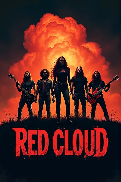 Un logo pour un groupe de musique rock appelé Red Cloud, avec 4 musiciens et une chanteuse