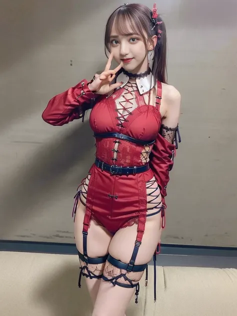 (Full body view:1.2)、(  showing your teeth and laughing  :1.3),(Shibuya Gal:1.5)、( chest accentuating stewardess costume  :1.4)、(Off the shoulder)、(Neo-Goth Fashion:1.5)、( punk rock visual :1.3)、(futuristic red , Magenta,  lace-up navy blue bodysuit :1.5)、...