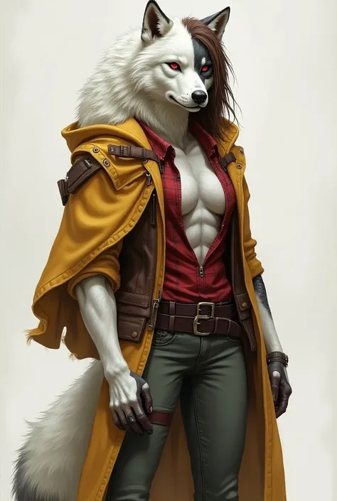 Solo, sfw, Female white wolf (((masculine-body))) (((medium breasts))) (short snout),(((fur (black stripe) between neck and shoulder towards chest))) ((fur (black stripes) on waist))(ears are darker), (slitted pupils (red eyes)), (wolf tail (black at end))...